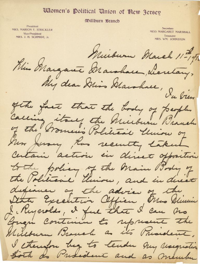          Millburn Women's Political Union: Marion Strickler Resignation, 1915 picture number 1
   