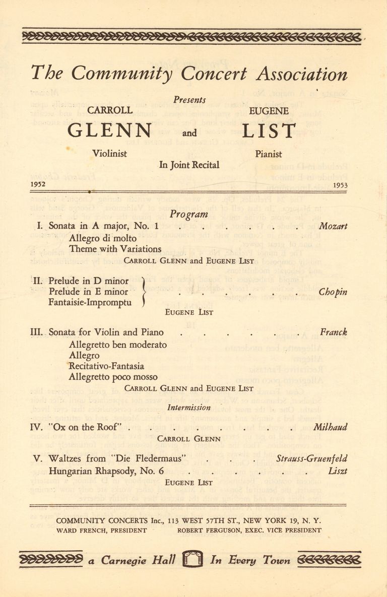          Community Concert Association: List and Glen Concert Program and Articles, 1952 picture number 1
   