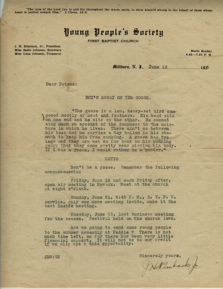          Rimback: Young People's Society First Baptist Church letter, 1926 picture number 1
   