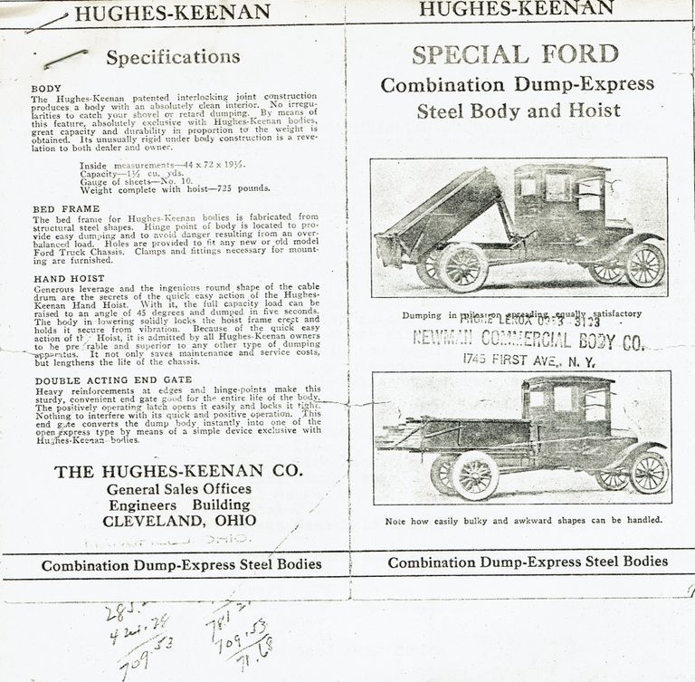 Advertisement for the Hughes-Keenan Ford Combination Dump-Express Steel Body and Hoist, c. 1923