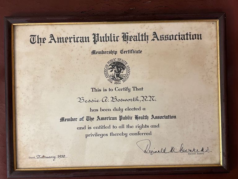          Bosworth: Bessie Bosworth American Public Health Association Certificate, 1950 picture number 1
   