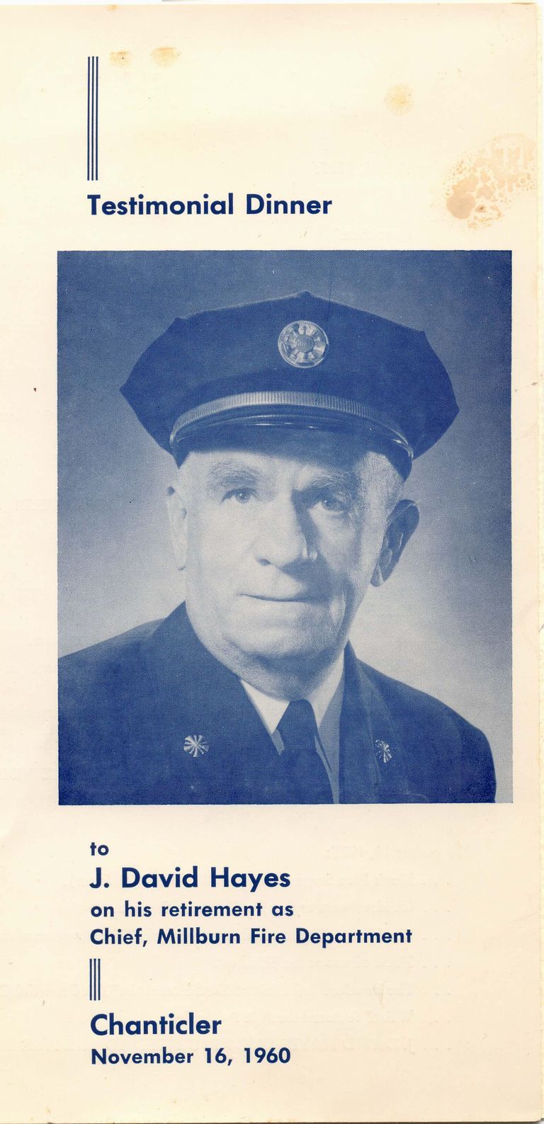          Hayes: Fire Chief J.David Hayes Retirement Testimonial Dinner Program, 1960 picture number 1
   