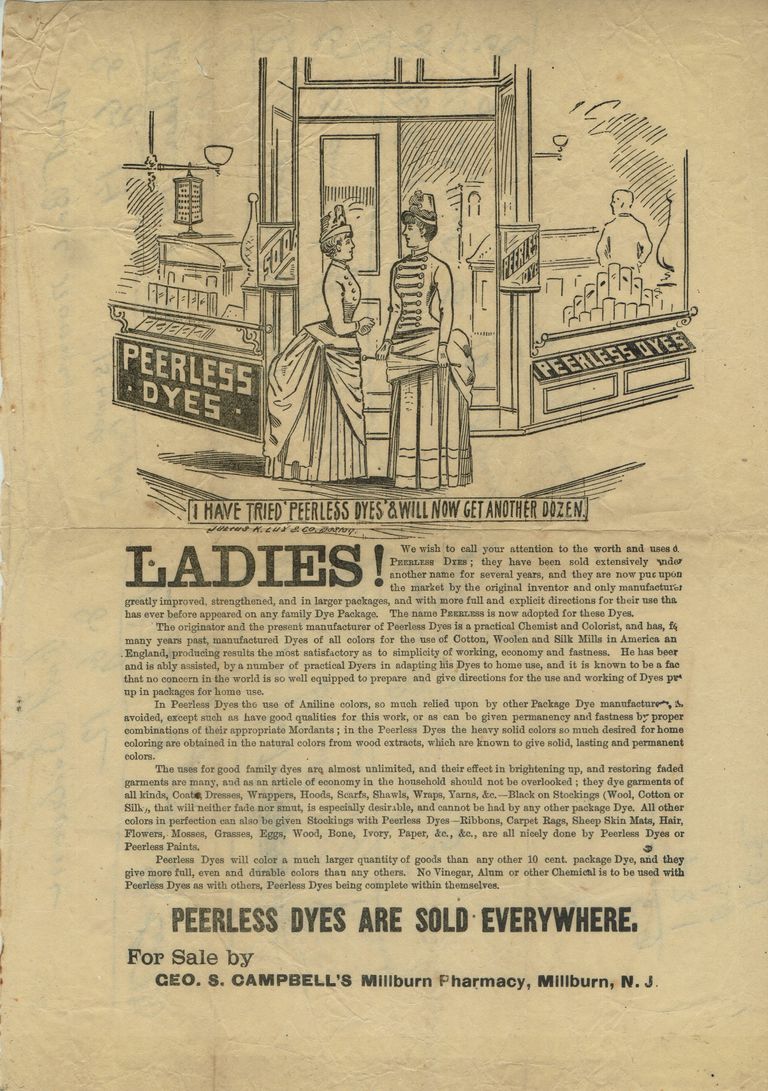          Campbell: Campbell's Pharmacy, Peerless Dyes Advertisement, c. 1890s picture number 1
   