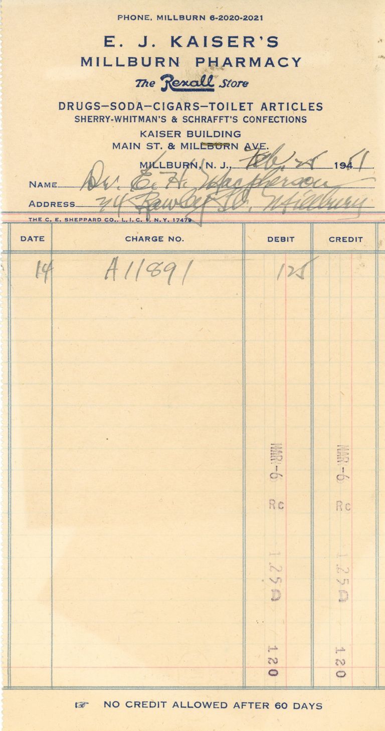          Kaiser's Millburn Pharmacy: Receipt, 1951 picture number 1
   