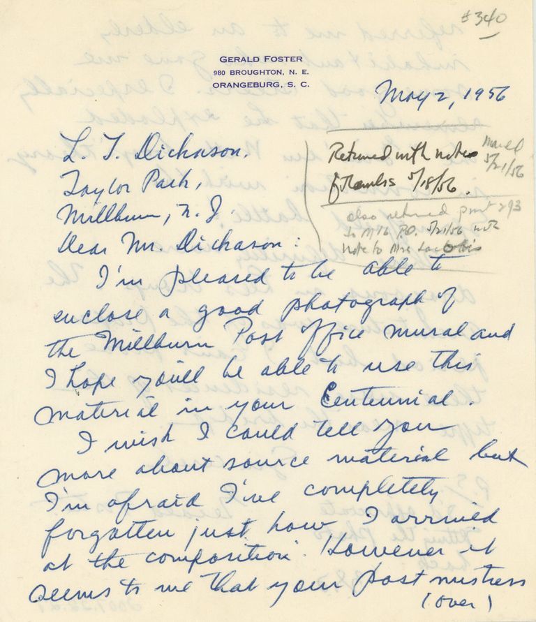          Foster: Gerald Foster letter about the Millburn Post Office Mural, May 2 1956 picture number 1
   