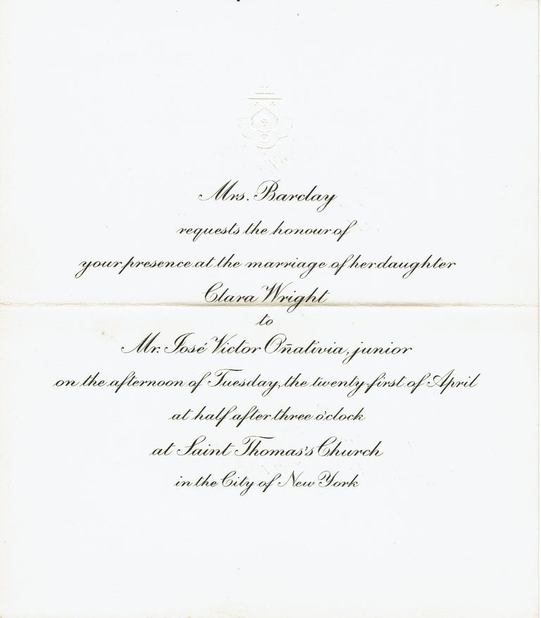          Flanagan: Invitation to Clara Barclay and Jose Onativia Wedding, 1908 picture number 1
   