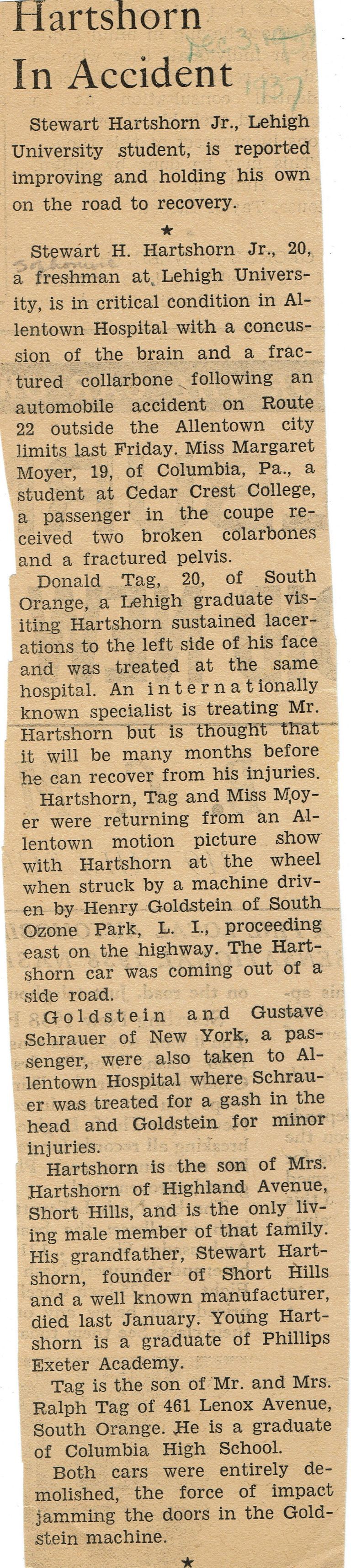          Hartshorn: Stewart Hartshorn, Jr. in Accident, 1937 picture number 1
   
