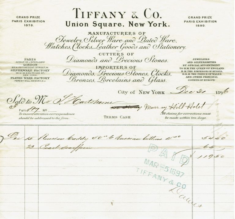          Hartshorn: Tiffany & Co. Receipt, 1896 picture number 1
   