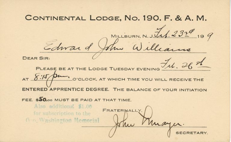          Masonic Lodge: Edward Johan Williams Continental Lodge, No., 190, Millburn, 1909 picture number 1
   