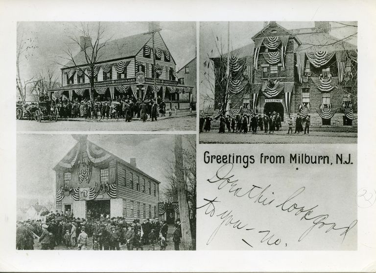          Millburn Hotel, Town Hall & Washington School all decked out with bunting for Millburn Centennial Celebration, April 13, 1907.; Image Id #22
   