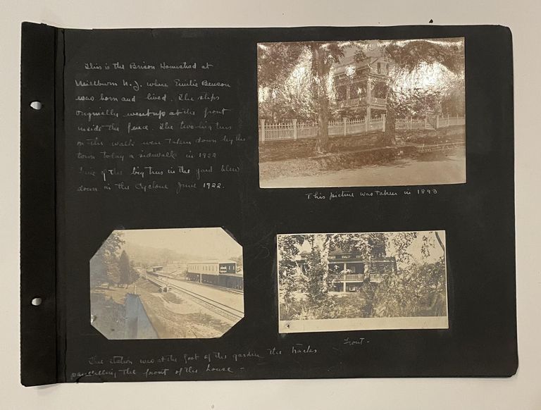          Bottom left text: The station was at the front of the garden the tracks parallels is the front of the house. Bottom right text: Front. Top right text: This picture was taken in 1893. Top left text: This is the Brison Homestead at Millburn N.J. where Emilie Benson was born and lived. The steps originally went up at this front inside the fence. The two big trees in the walls were taken down by the town to lay a sidewalk in 1922. Line of the big trees in the yard blew down in the Cyclone June 1922.; Fragmented piece at bottom left
   