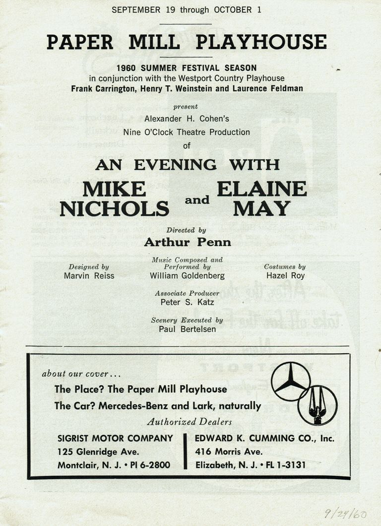          Paper Mill Playhouse Playbill Program for An Evening with Mike Nichols and Elaine May, 1960 picture number 1
   