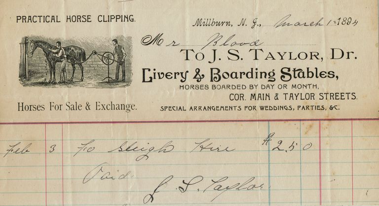          Blood Estate: J.S. Taylor, Dr. Livery and Boarding Stables Receipts, 1894 picture number 1
   