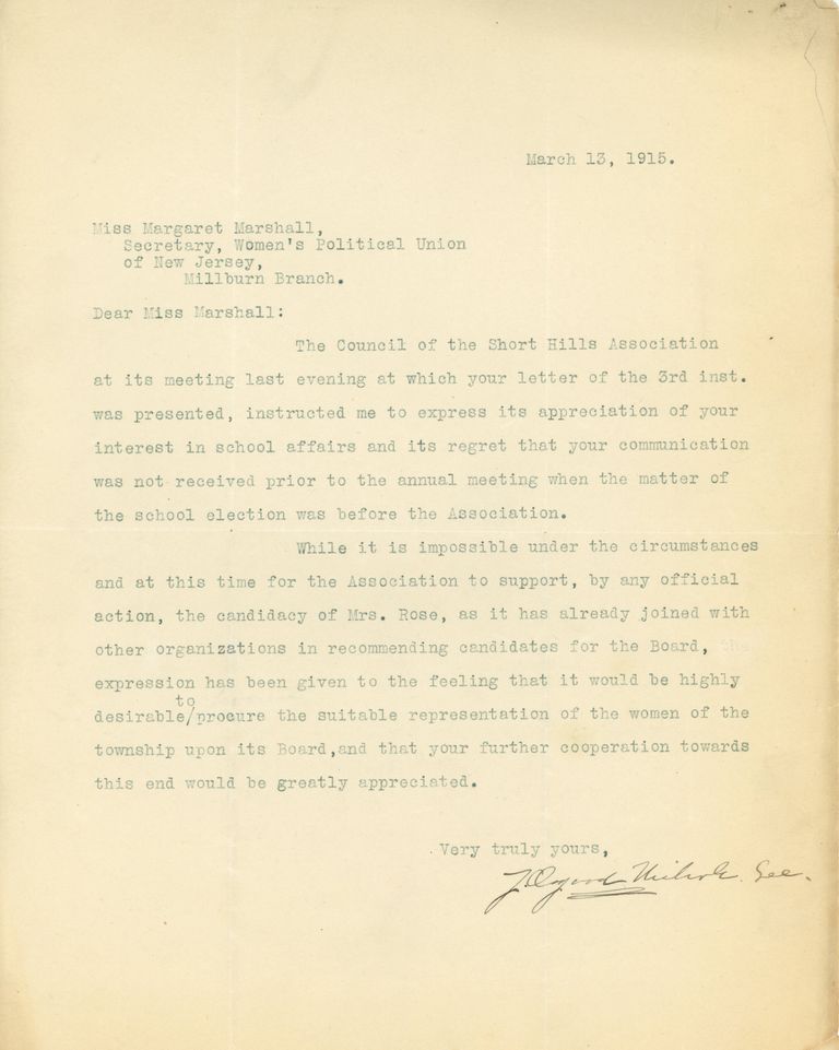          Millburn Women's Political Union: Short Hills Association Response to Rose Endorsement, 1915 picture number 1
   