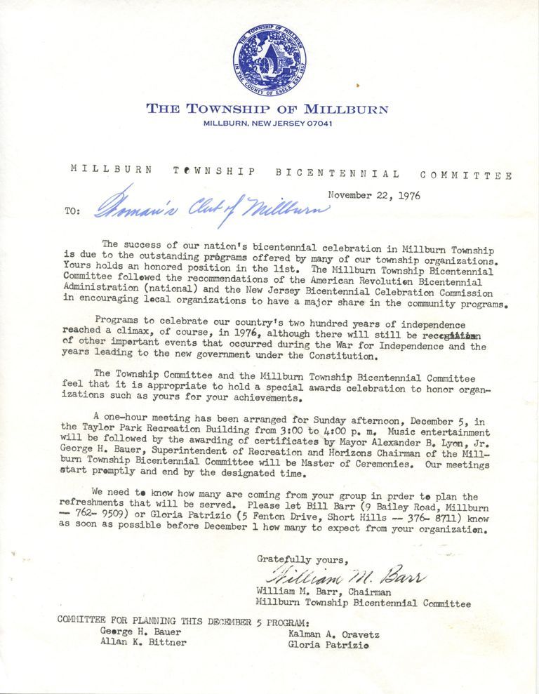          Bicentennial: Millburn Township Bicentennial Committee Thank You to Women's Club, 1976 picture number 1
   