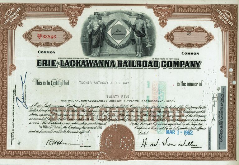          Tucker Anthony & R L Day 25 Shares of Erie Lackawanna Stock; Dated March 1, 1962
   