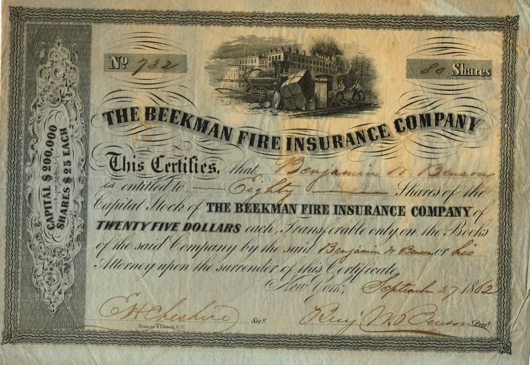          Brison: Benjamin Whitney Benson Beekman Fire Insurance Stock Certificate, 1862 picture number 1
   
