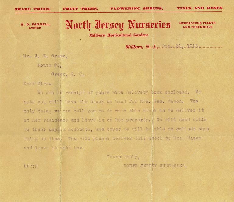          North Jersey Nurseries Letter to J.W. Greer, December 31, 1916 picture number 1
   