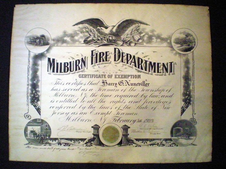          Barry Nuneviller, Millburn Fire Department Certificate of Exemption, 1923 picture number 1
   