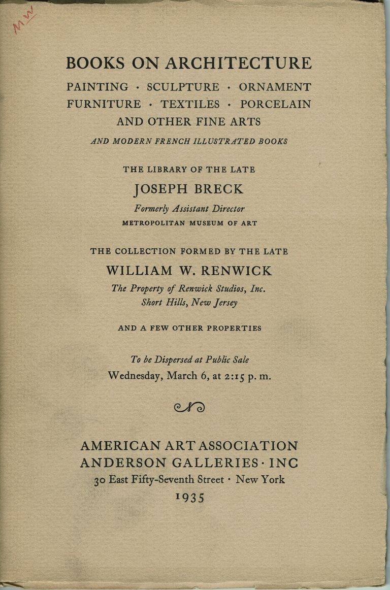          Contains the property of Renwick Studios, Inc., Short Hills; American Art Association Anderson Galleries, Wednesday, March 6, 1935
   