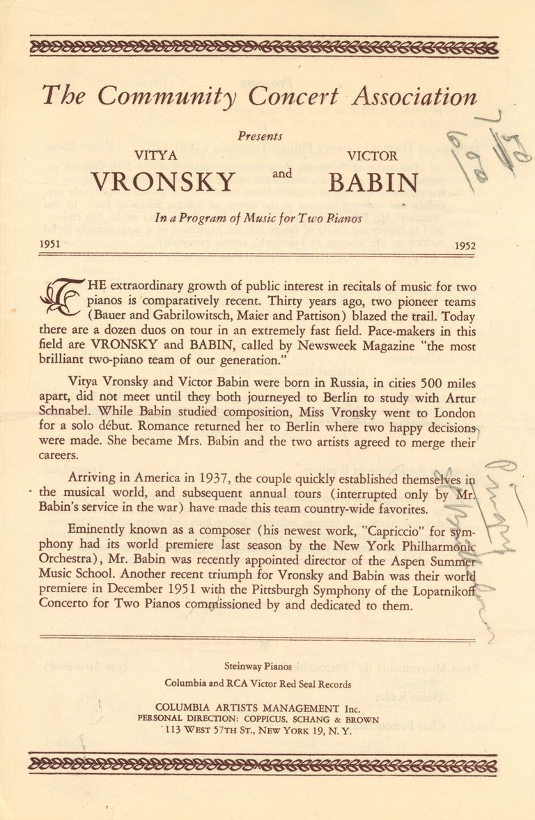          Community Concert Association: Vronsky and Babin Concert Program and Reviews, 1952 picture number 1
   