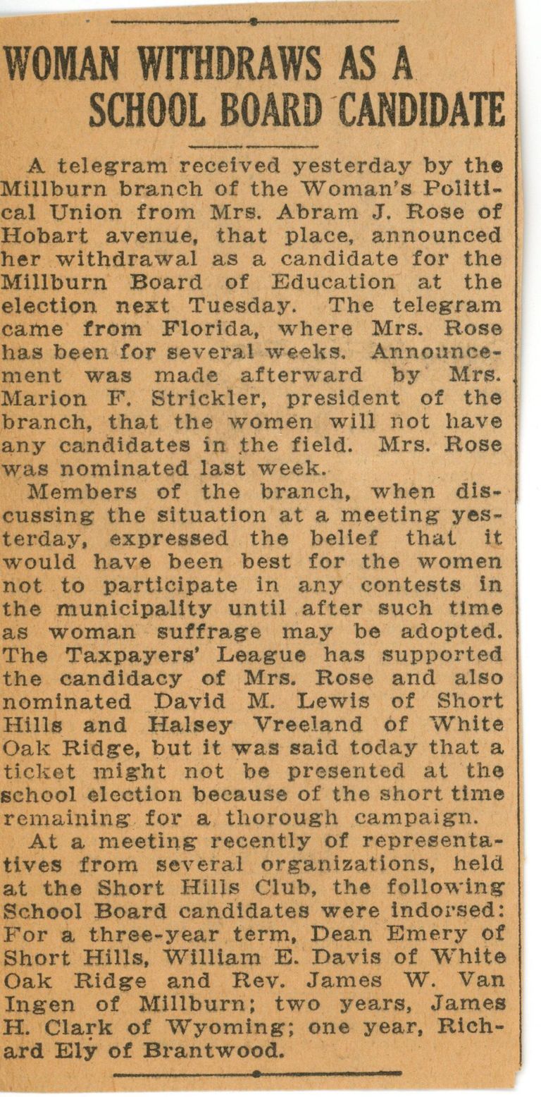          Millburn Women's Political Union: School Board Candidate Controversy Articles, 1915 picture number 1
   