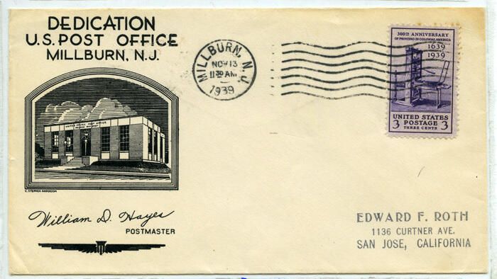          Millburn Post Office Dedication Commemorative Envelope, November 13, 1939 picture number 1
   