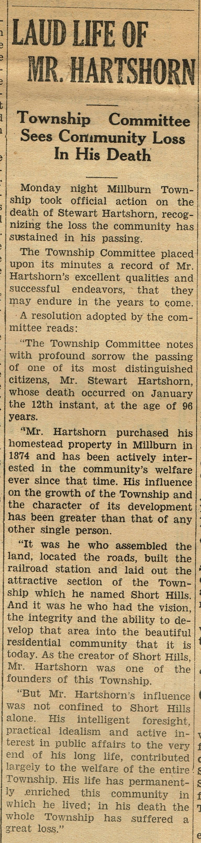          Hartshorn: Stewart Hartshorn Tribute, Millburn Short Hills Item, January 22, 1937 picture number 1
   