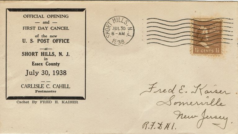          Post Office: Short Hills Post Office First Day Cover, 1938 picture number 1
   