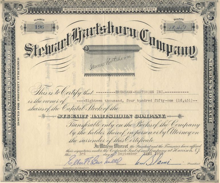          Hartshorn Stock Certificate picture number 1
   
