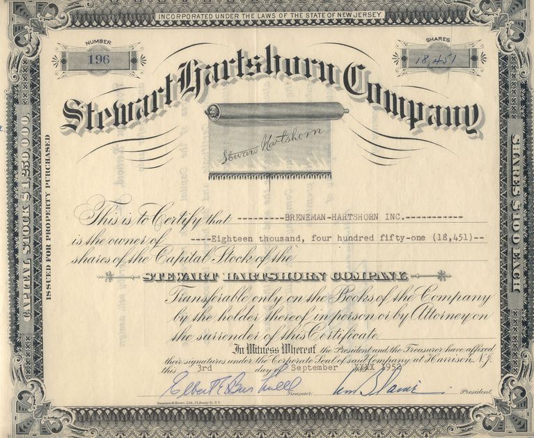          Hartshorn Company Stock Certificate Breneman-Hartshorn picture number 1
   