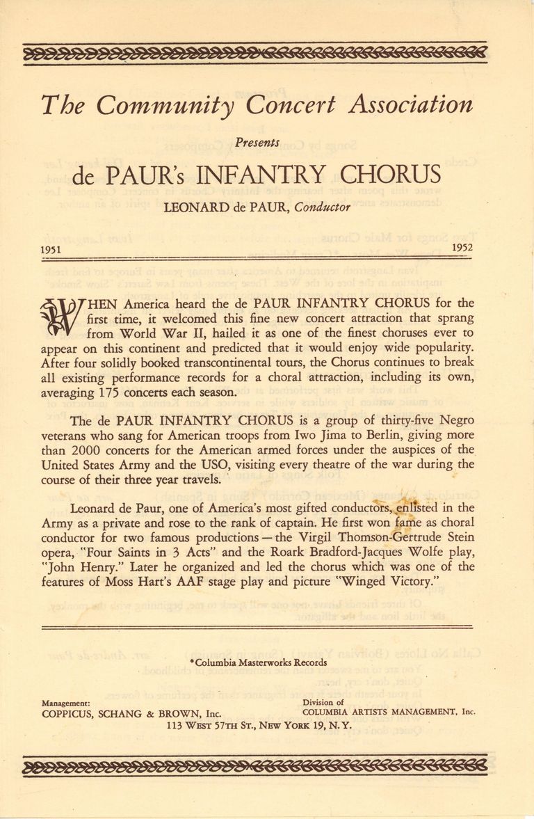          Community Concert Association: De Paul's Infantry Chorus Concert Program and Review, 1952 picture number 1
   