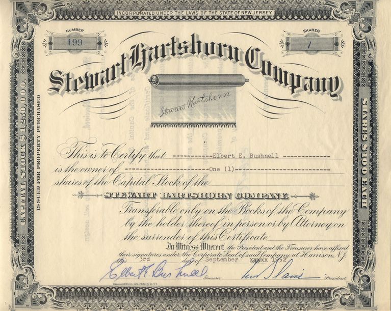          Hartshorn Company Stock Certificate Elbert Bushnell picture number 1
   