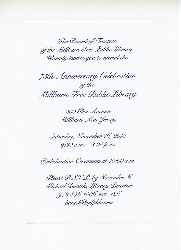          Millburn Library: 75th Anniversary Celebration Invitation, 2013 picture number 1
   