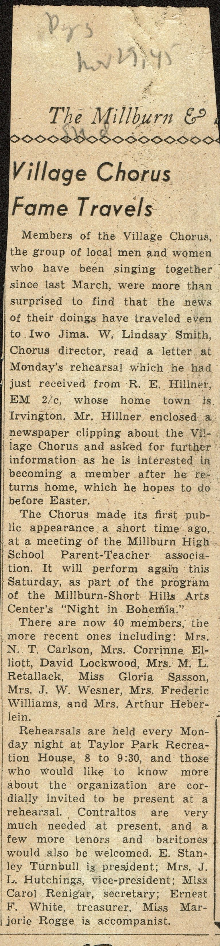          Millburn Art Center 1945 Scrapbook: Village Chorus Fame, 1945 picture number 1
   