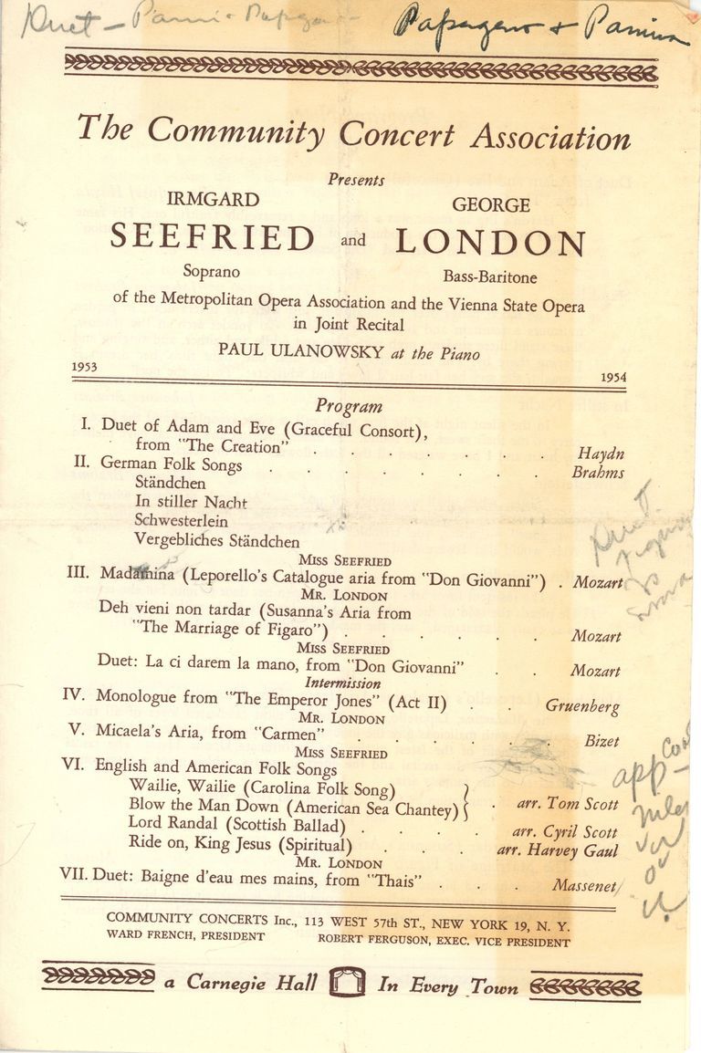          Community Concert Association: Seefried and London Program and Review, 1953 picture number 1
   