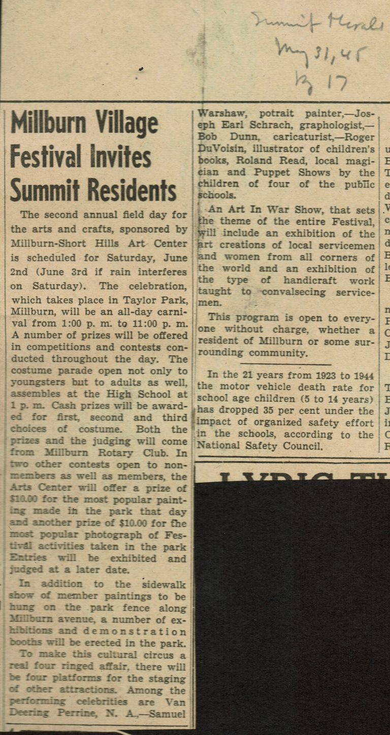          Millburn Art Center 1945 Scrapbook: Summit, South Orange, Springfield 1945 Village Arts Festival Notices picture number 1
   
