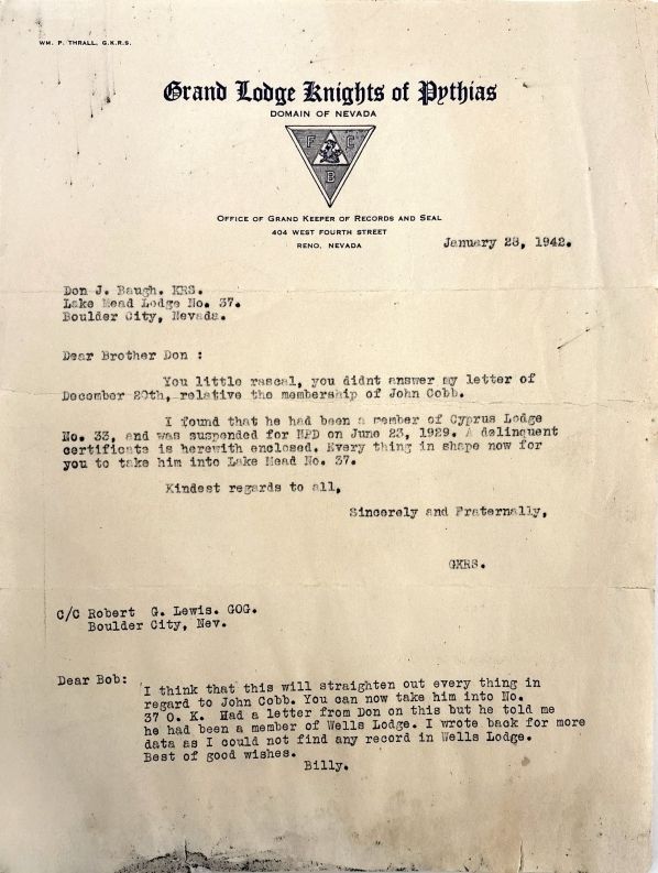 MS.45; Box 1; ff 4/6: correspondence, from: Knights of Pythias [1942-43]