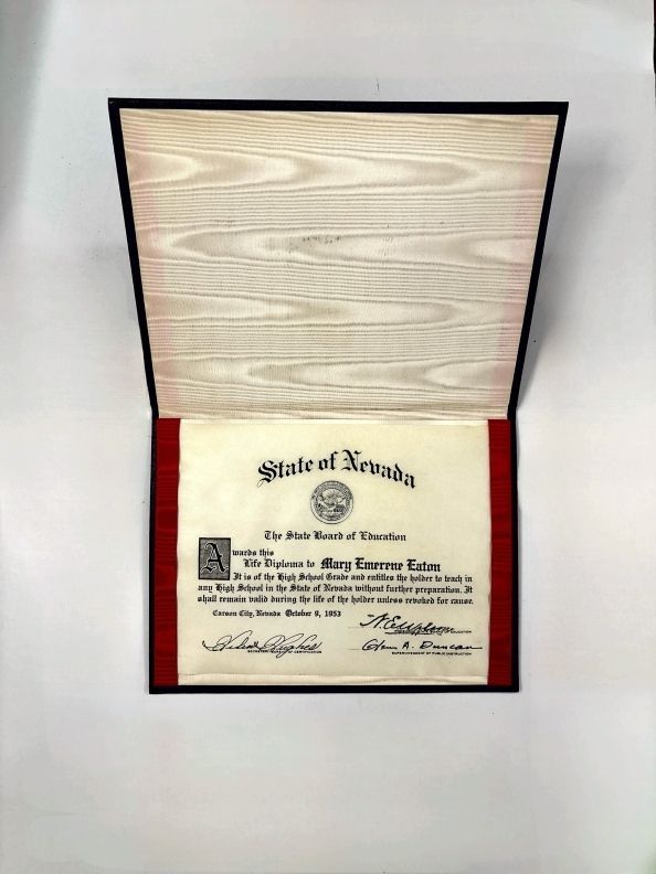 *Click on image for content.: MS.29 - Box 1 of 2; ff 4/5: Nevada State Board of Education Life Diploma [1953]	
                                   ff 5/5:Eastern Star - bylaws, Desert Chapter no. 22 [1937]