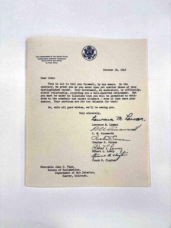 MS.30 - Box 1 of 1; ff 6/13:correspondence - to: Page, John, from: Lawson, Lawrence, et. al.,
re: John C. Page's retirement [1947]