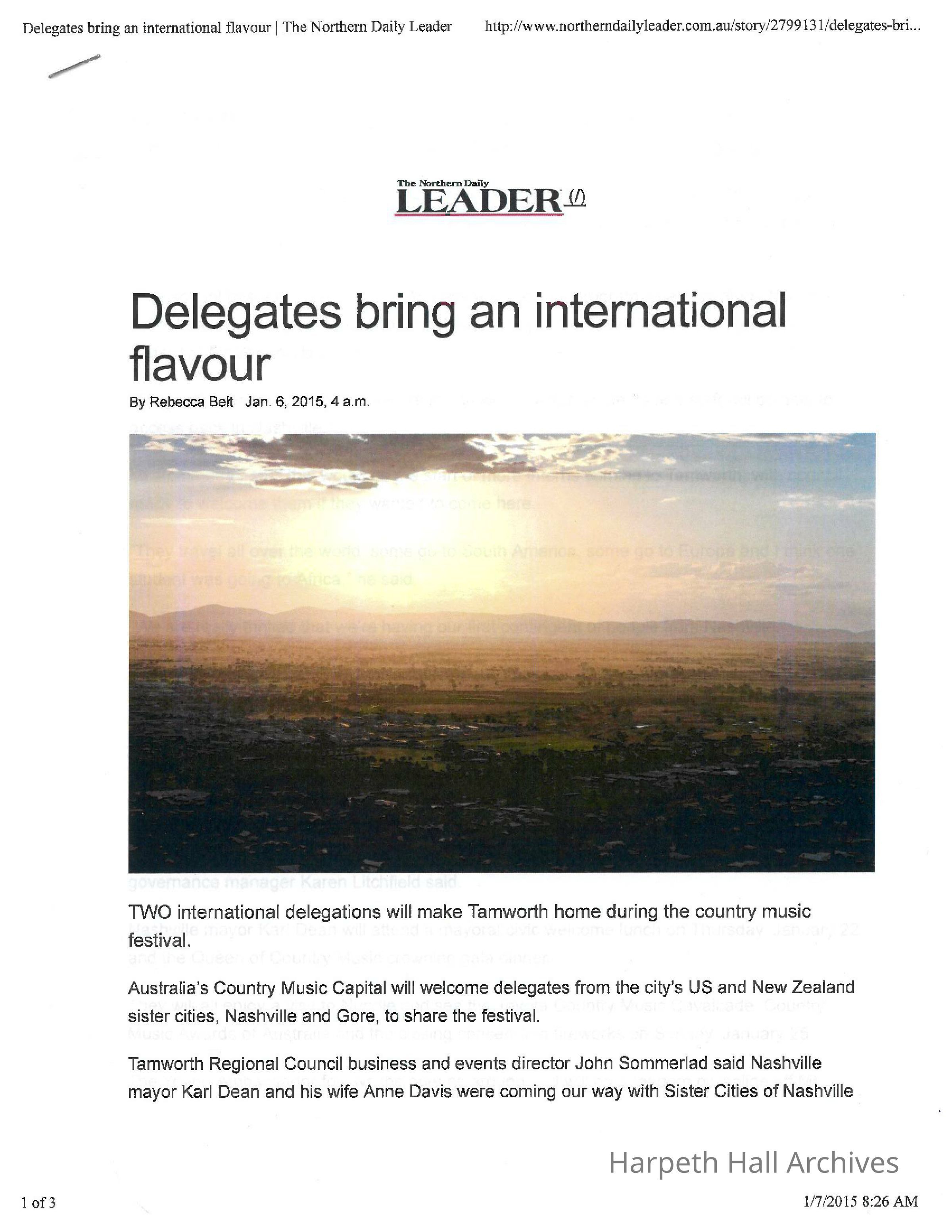 "Delegates bring an international flavour " by Rebecca Bell, January 6, 2015: First page of article