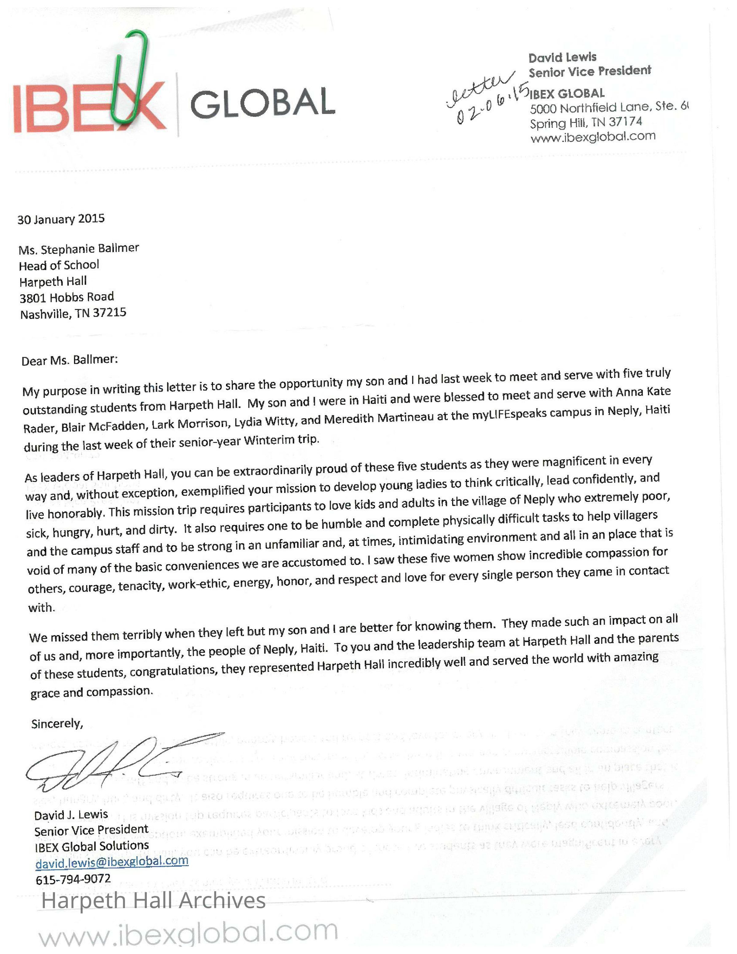 Harpeth Hall students, Anna Kate Rader, Blair McFadden, Lark Morrison, Lydia Witty, and Meredith Martineau, Winterim 2015 Haiti service trip: Personal letter