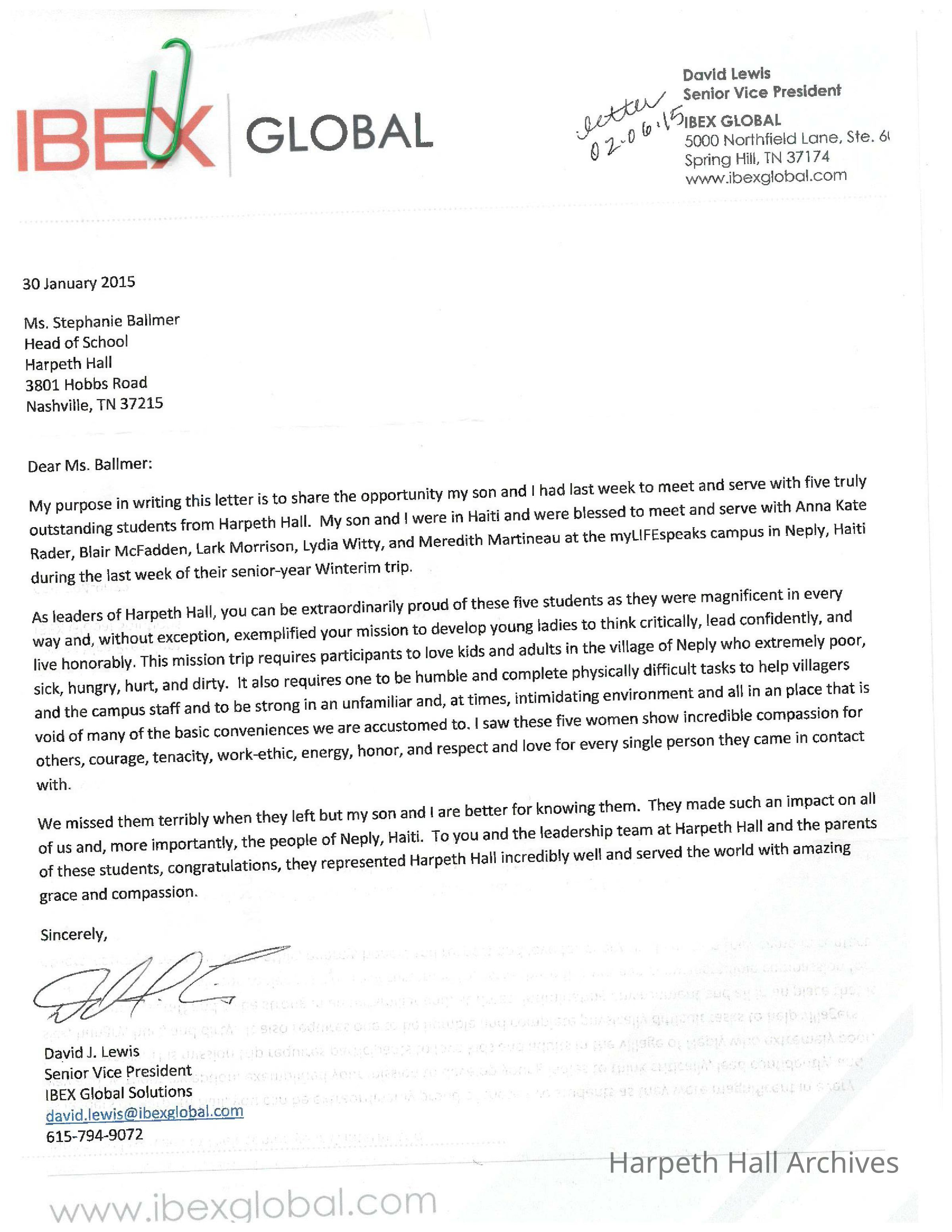 Harpeth Hall students, Anna Kate Rader, Blair McFadden, Lark Morrison, Lydia Witty, and Meredith Martineau, Winterim 2015 Haiti service trip: Personal letter