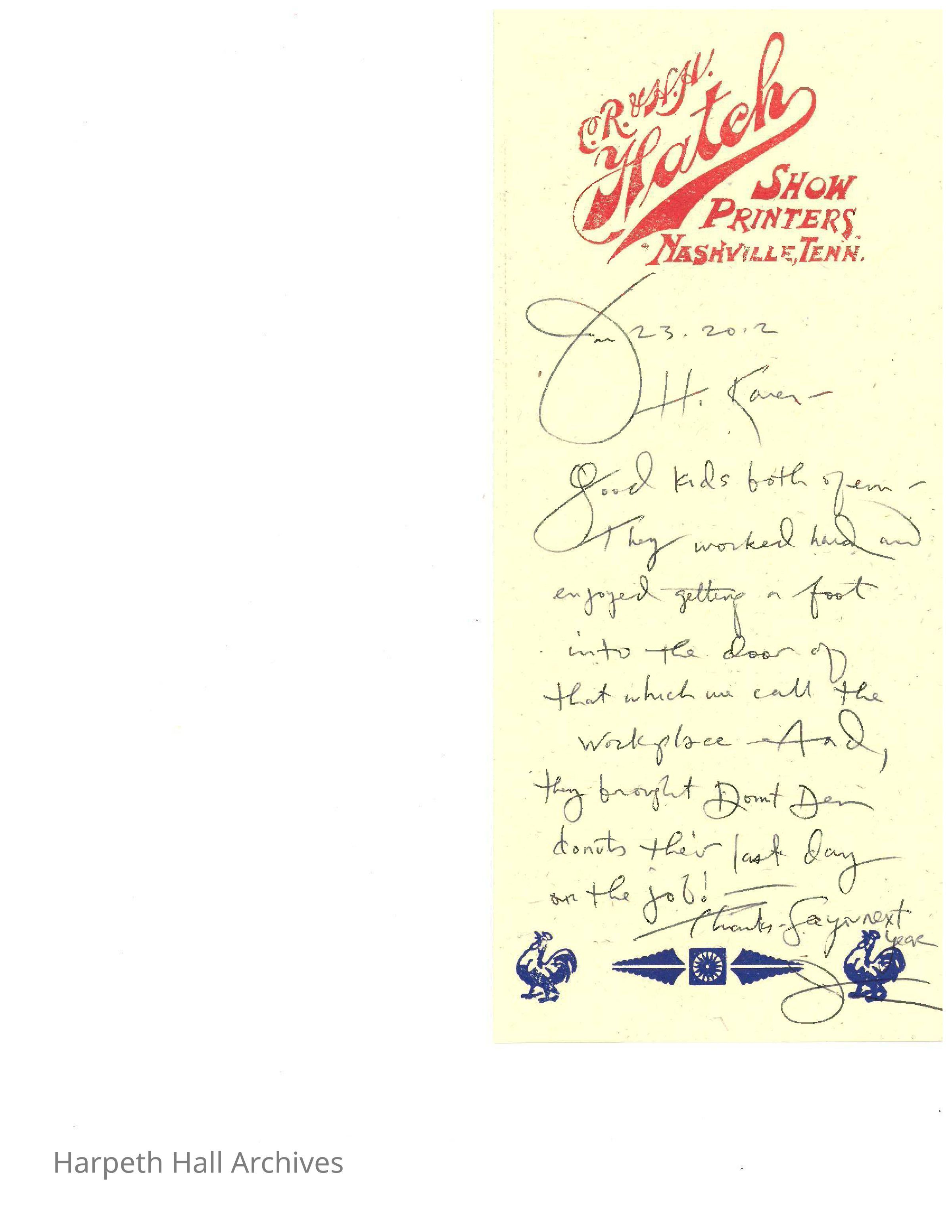 Hatch Print Show note: Note by Hatch Show Printer Nashville, Tenn.