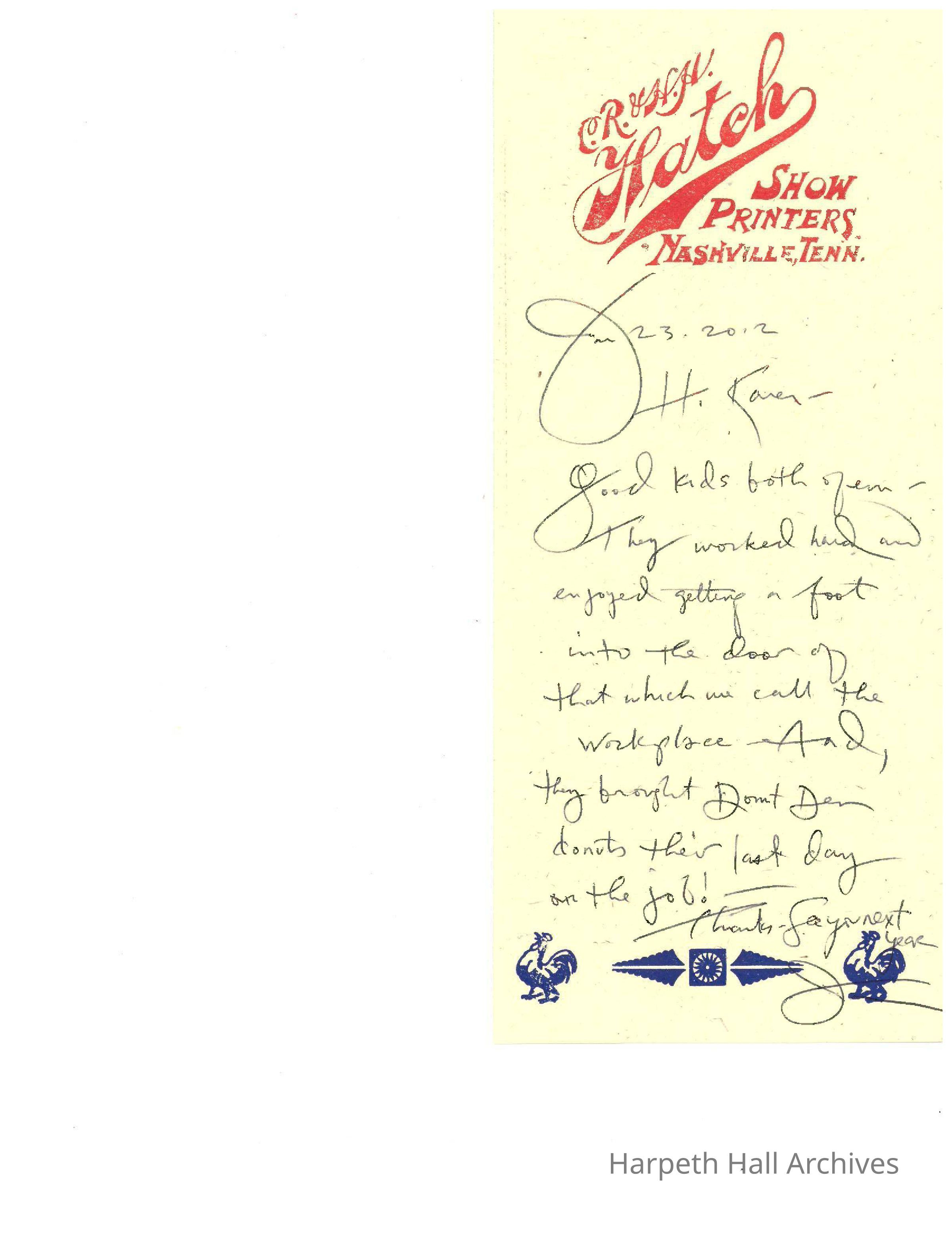 Hatch Print Show note: Note by Hatch Show Printer Nashville, Tenn.