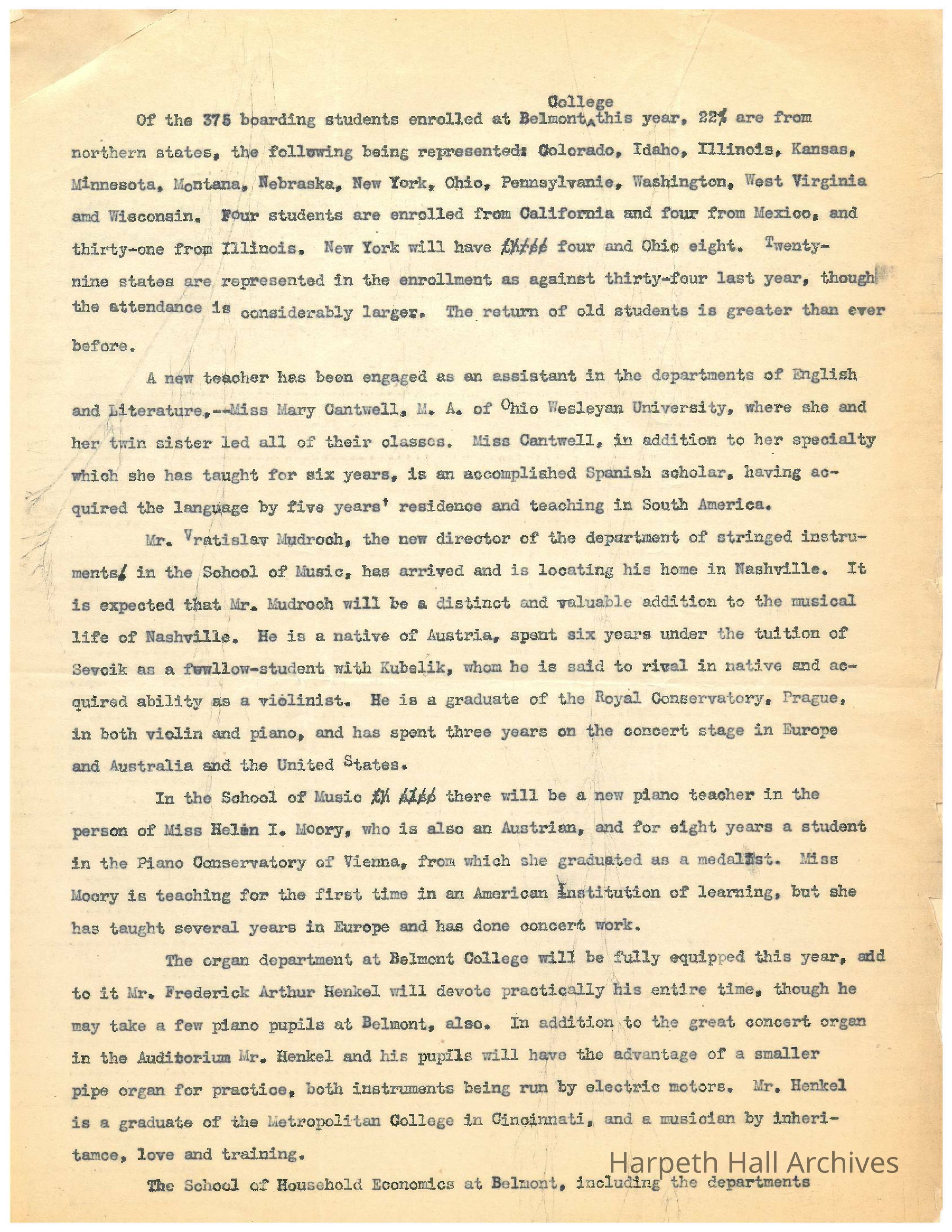 Typed manuscript with information about Belmont College for Young Women: Page 1