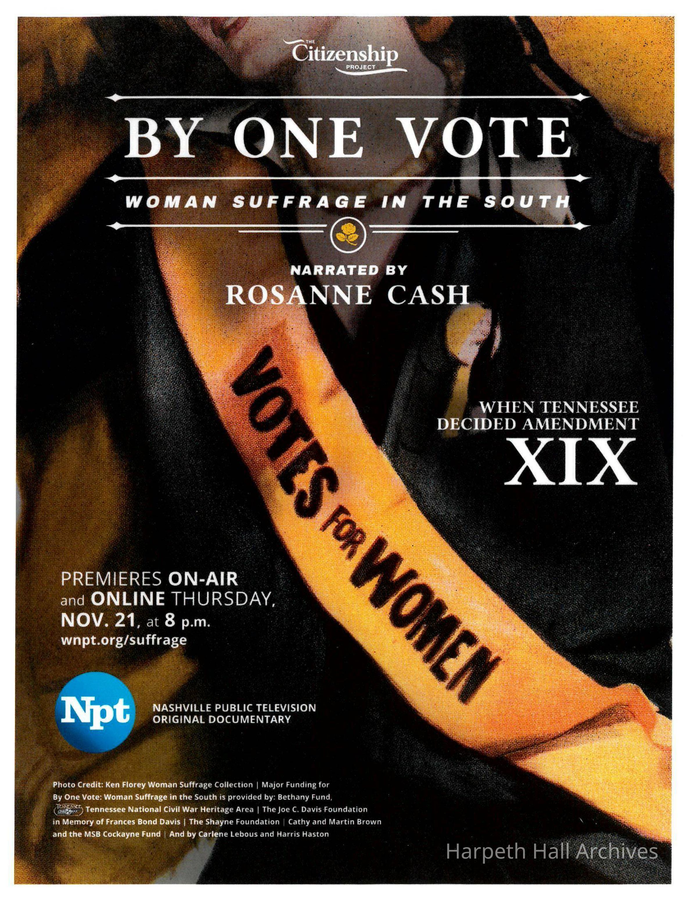 Flyer advertising the documentary, By One Vote: Woman Suffrage in the South, November 2019: Full color poster