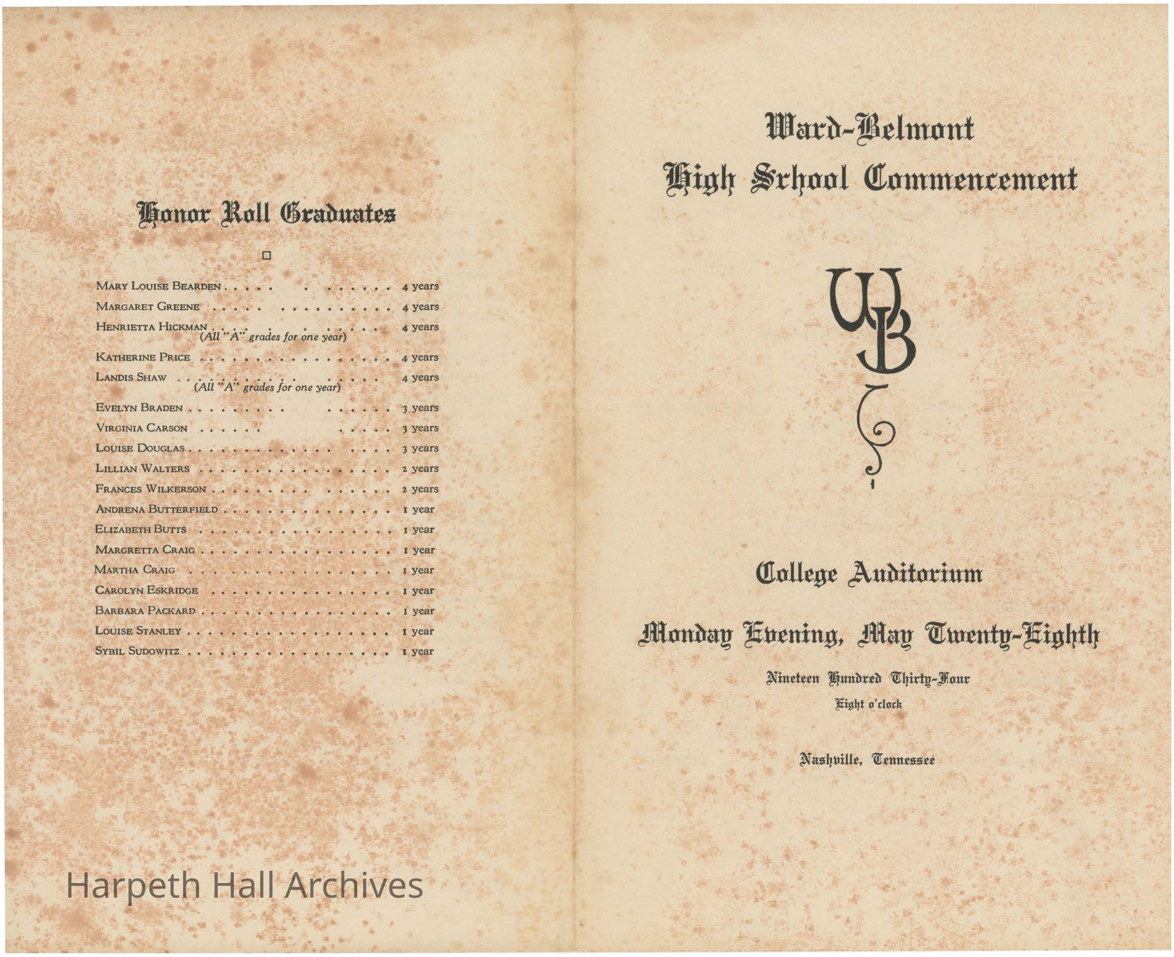 Commencement in the College Auditorium: Monday, May 28, 1934, 8:00 P.M., Nashville, TN