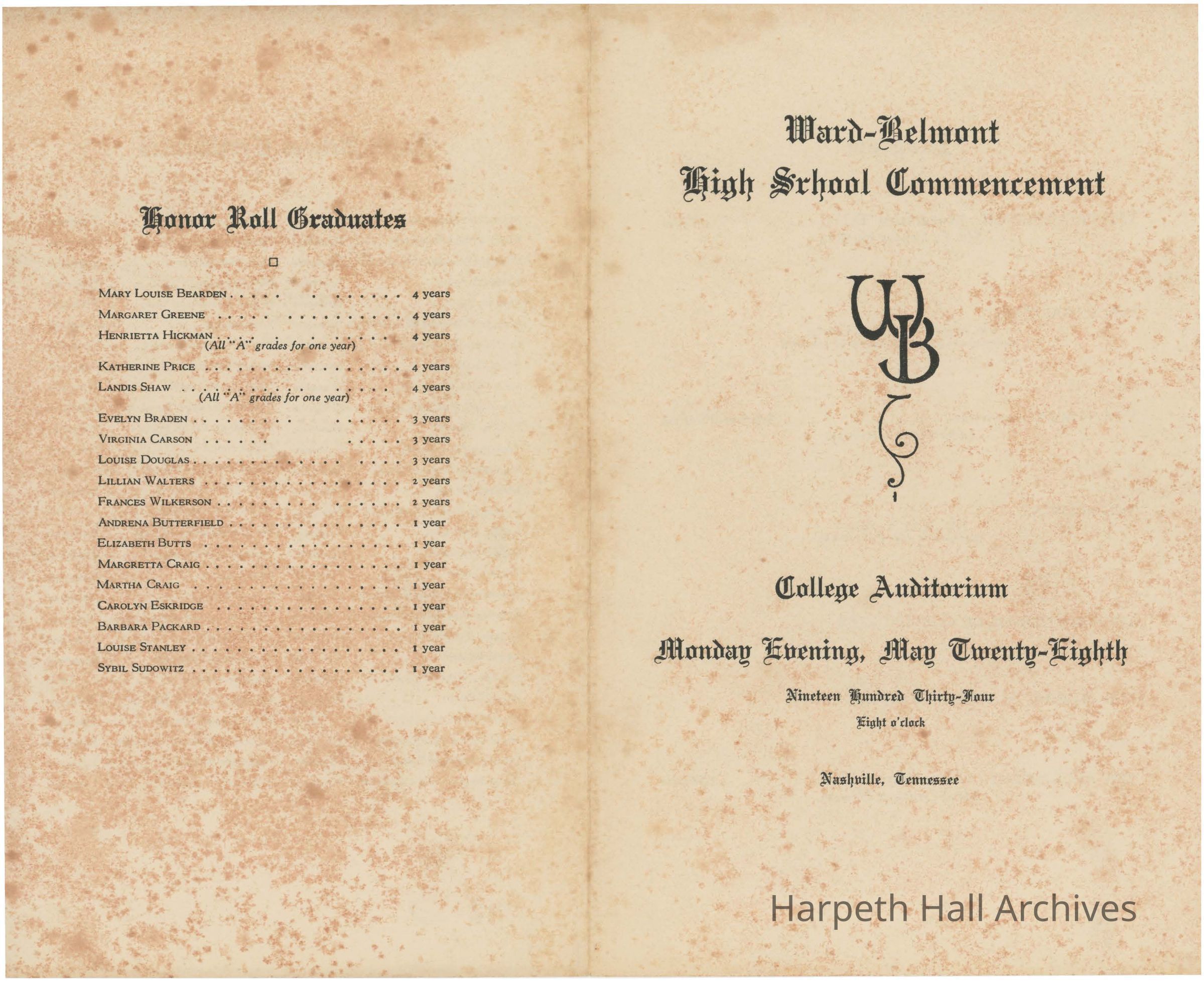 Commencement in the College Auditorium: Monday, May 28, 1934, 8:00 P.M., Nashville, TN