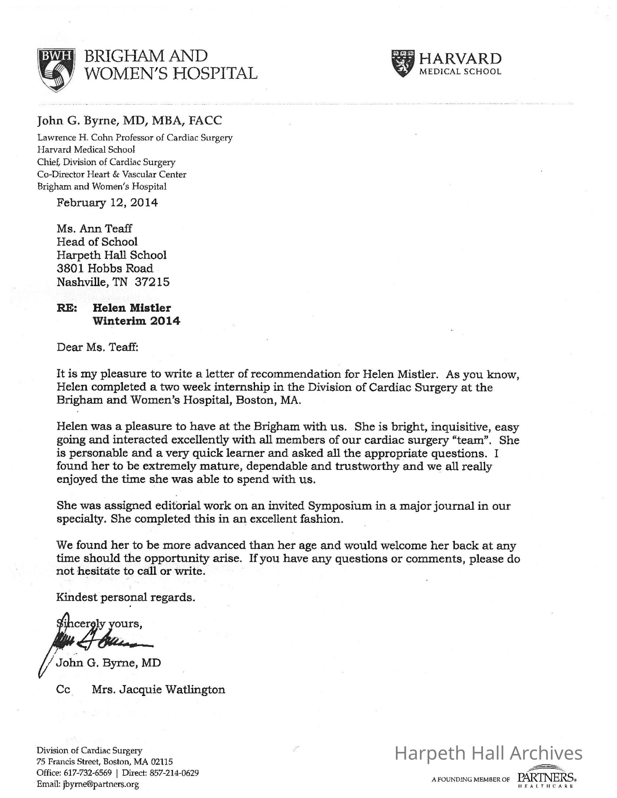 Letter for recommendation for Helen Mistler ('15): Typed letter dated February 12, 2014